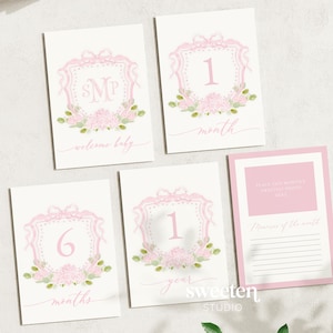 Cartes photo mensuelles jalons bébé fille | 5 x 7 | Ma première année | Cadeau souvenir pour nouveau-né | Écusson rose monogramme personnalisé pour nouveau-né | Imprimable