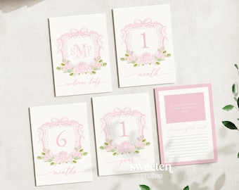 Baby Girl Monthly Photo Milestone Cards | 5x7 | My First Year | Newborn Baby Keepsake Gift | Custom Newborn Pink Monogram Crest | Printable