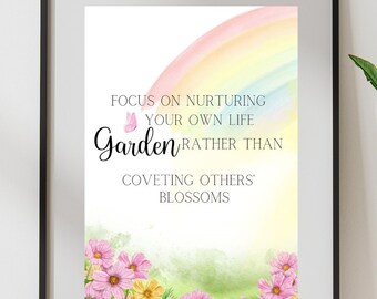 Focus on Nurturing Your Own Life Garden – Mental Health Motivational Wall Art, Rainbow Floral Digital Print for Office & Therapy Space
