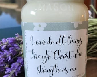 I Can Do All Things Through Christ Candle – 14oz Mason Jar – Bible Verse – Christian Gift – Inspirational Scented Candle - Philippians 4:13