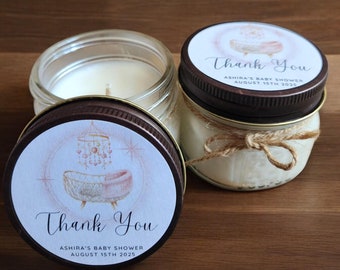 Boho Cradle Baby Shower Favors – Set of 12 Personalized Soy Candles – Bohemian Baby Shower Guest Gifts – Neutral Crib or Bassinet Theme