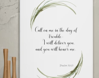 Call on Me in the Day of Trouble – Psalm 50:15 Christian Wall Art, Digital Green Watercolor Print for Home & Office