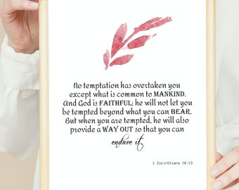 No Temptation Has Overtaken You – 1 Corinthians 10:13 Bible Verse Wall Art, Minimalist Watercolor Printable, Instant Download