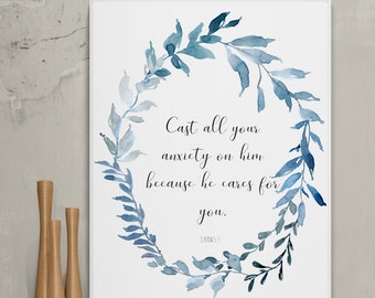 1 Peter 5:7 Scripture Wall Art – Digital Download, Watercolor Bible Verse Printable, Christian Home Decor