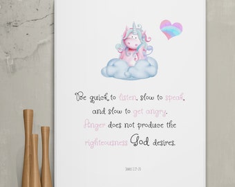 James 1:19-20 Unicorn Bible Verse Wall Art – Printable Scripture Decor for Girls' Room, "Be Quick to Listen" Digital Download