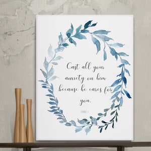 1 Peter 5:7 Scripture Wall Art – Digital Download, Watercolor Bible Verse Printable, Christian Home Decor