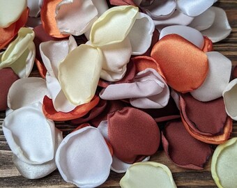 Fall wedding decor, modern table centerpieces, rust burnt orange yellow rose petals for flower girl toss, ceremony and reception decoration