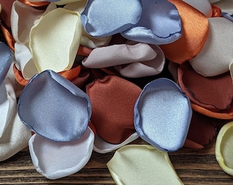 Rust dusty blue burnt orange yellow bulk rose petals for rustic or boho wedding decor, flower girl accessories for ceremony confetti