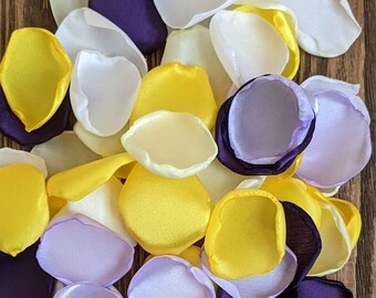Rose petals, modern yellow plum and lavender wedding confetti, party in a box decor ideas, western retro aisle runner arch table decorations