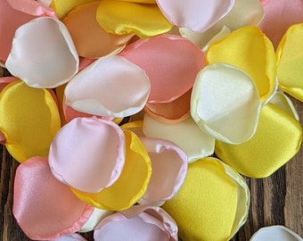 Yellow mustard coral custom rose petals in bulk, personalized summer wedding flowers for decor, aisle runner and flower girl toss for table
