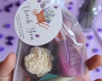 Lavender Sachet Favor – Rustic Wedding or Baby Shower Gift, Sola Flower & satin Petals in Organza Bag with Lavender Tag, Custom Text