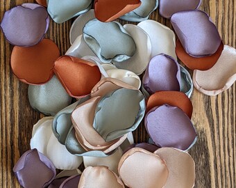 Terracotta dusty sage dusty lavender bag of rose petals, matching flowers for bridesmaid dresses, wedding chair floor or barrel toss ideas