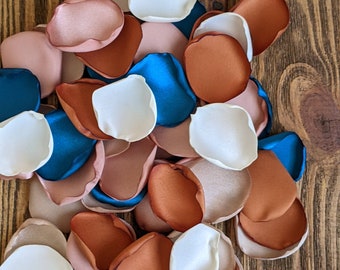 Teal rose gold terracotta champagne rose petals for flower girl baskets, rustic fall bridesmaid gifts, barn aisle runner cake table decor