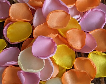 Custom orange pink and yellow rose petals for rubber duck baby shower decor, ducky duckies party table decorations, summer bridal decor toss