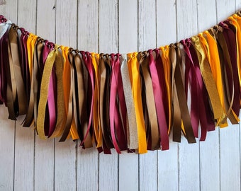 Fall ribbon garland, yellow and burgundy party decorations, ribbon garland backdrop for autumn party decor, fall bridal shower decorations