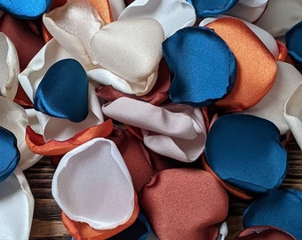 Burnt orange rust teal and champagne rose petals for flower girl basket, fall rustic barn wedding decor supplies, simple table arrangements