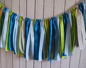 Party garland, Space party, Green Blue Silver garland, wedding ribbon banner, ribbon garland, ribbon backdrop, baby boy shower, dorm room