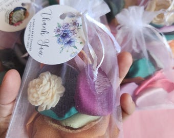 Purple Wildflowers Favor – Scented Sola Flower & Satin Petals in Organza Bag – Rustic Garden Baby Shower or Wedding with Optional Tag