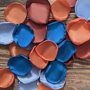 Wedding decor, burnt orange petals, teal rose petals, dusty blue petals, wedding decorations, flower petals, bridal shower decor.