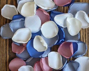 Dusty pink or dusty rose wedding arch and floor decor, flower girl blue rose petals, country barn bridal shower party on a budget decoration
