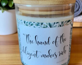 The Hand of the Diligent Makes Rich Candle – Proverbs 10:4 – 8oz Soy Wax – Christian Hustle Gift – Faith & Work Decor – Bible Verse Candle