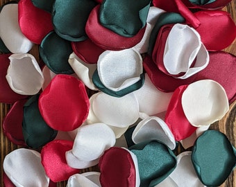Christmas wedding decor, emerald burgundy red rose petals for table decorations, aisle runner cake toss or sprinkles, flower girl flowers
