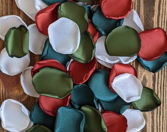 Rust emerald olive wedding decor, fall rustic rose petals, flower girl baskets, aisle runner pew markers ceremony flowers, wedding tossing