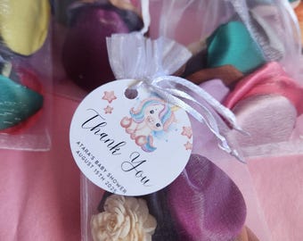 Unicorn Party Favor – Scented Sola Flower & Satin Petals in Organza Bag with Optional Tag – Magical Birthday or Baby Shower Gift