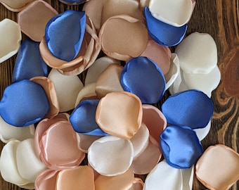 Wedding decor, Blush peach ivory and slate blue rose petals for table, bridal shower confetti, flowers leaves for flower girl toss and aisle