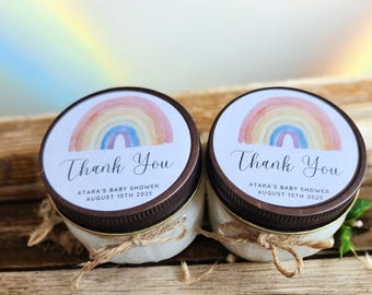 Boho Rainbow Baby Shower Candle Favors – Watercolor 4oz Soy Candle – Bohemian Gender Neutral Shower Gift – Personalized Party Favor