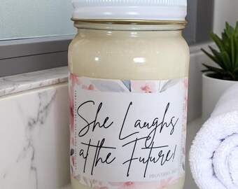 She Laughs at the Future Candle – Proverbs 31:25 – 14oz Soy Wax – Christian Woman Gift – Inspirational Bible Verse Candle – Faith Decor