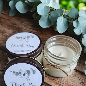 Eucalyptus Greenery Bridal Shower Favor – Personalized 4oz Soy Candle – Natural, Non-Toxic, Minimalist Wedding or Baby Shower Gift