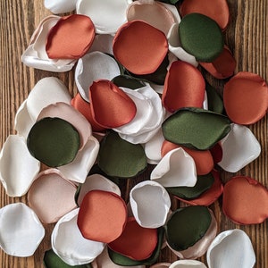 Fall terracotta wedding decor, moss bohemian custom aisle runner and cake decorations, flower girl petals toss, wedding box bags supplies