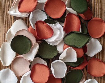 Fall terracotta wedding decor, moss bohemian custom aisle runner and cake decorations, flower girl petals toss, wedding box bags supplies