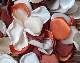 Rust burnt orange custom rose petals for rustic boho wedding, barn flower girl accessories, fall bridal shower table and aisle runner decor