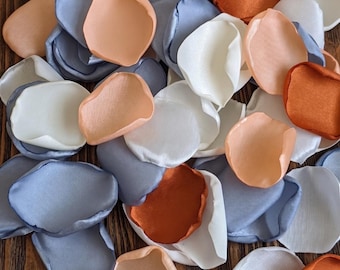 Dusty Blue Peach Burnt Orange Ivory Satin Rose Petals | Fall Wedding Aisle Scatter Flower Girl Decor Set 100+
