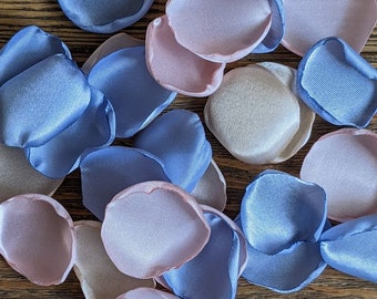 Wedding decor, Dusty blue champagne and blush pink rose petals for bridesmaid brunch party, cake table toss, flower girl petals for baskets
