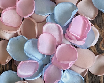 Gender reveal decor confetti, light pink blush blue artificial rose petals for baby shower or party decor, whimsical aisle runner flowers