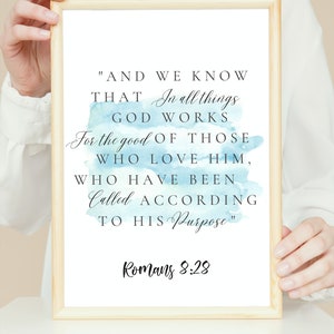 Romans 8:28 Watercolor Scripture Wall Art – Christian Printable Bible Verse – Inspirational Digital Download for Home Decor