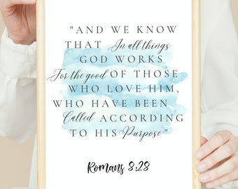 Romans 8:28 Watercolor Scripture Wall Art – Christian Printable Bible Verse – Inspirational Digital Download for Home Decor