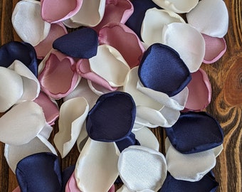 Navy blue mauve and ivory rose petals for wedding decor, flowers for flower girl basket, nautical bridal shower and aisle runner decorations