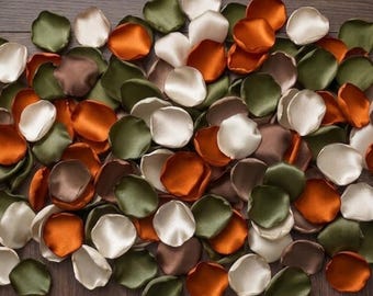 Camo Burnt Orange Olive Brown Satin Rose Petals Fall Wedding Confetti Aisle Runner Ceremony Decoration
