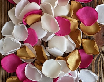 Fuchsia and gold rose petals for wedding decor and bridal shower decor, glam sweet 16 decorations, flowers leaves for centerpieces scatter