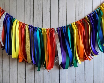 Rainbow garland-ribbon garland-custom fabric banner-ribbon garland backdrop-rainbow party-party decor-rainbow baby shower-high chair decor