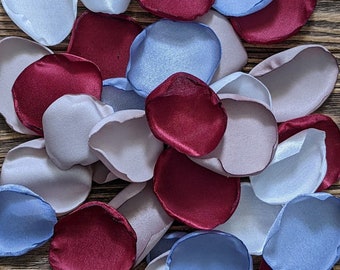 Dusty blue burgundy and taupe fake rose petals for wedding candle and pillar scatter decor, aisle runner and flower girl petals for tossing