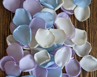 Boho wedding confetti decorations for church, lavender blue rose petals, head table toss, whimsical bridal shower decor ideas with candles