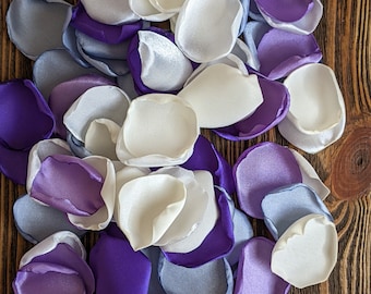 Purple lilac dusty blue mixture of rose petals that match bridal bouquet and bridesmaid dresses, flower girl flowers for baskets and toss
