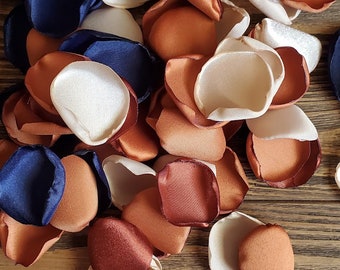 wedding decor, navy rust terracotta champagne rose petals for aisle runner and flower girl baskets, floral wedding cake decorations to toss