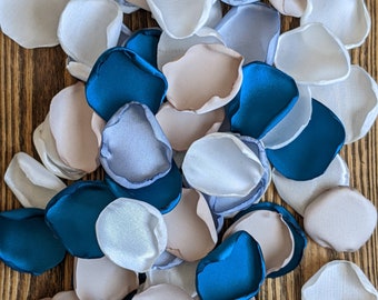 Dusty blue teal rose petals, wedding floral design decor, aisle runner decorations, ceremony altar flowers, table scatter confetti for jars