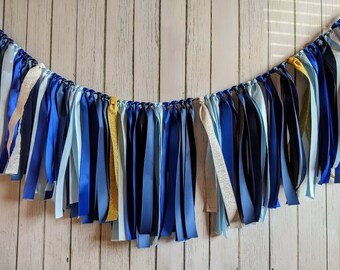 Navy & Light Blue Ribbon Garland – Nautical High Chair Banner, Whale Birthday Decor, Ocean Baby Shower
